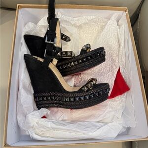 Christian Louboutin Black Studded Espadrille Wedge Sandals